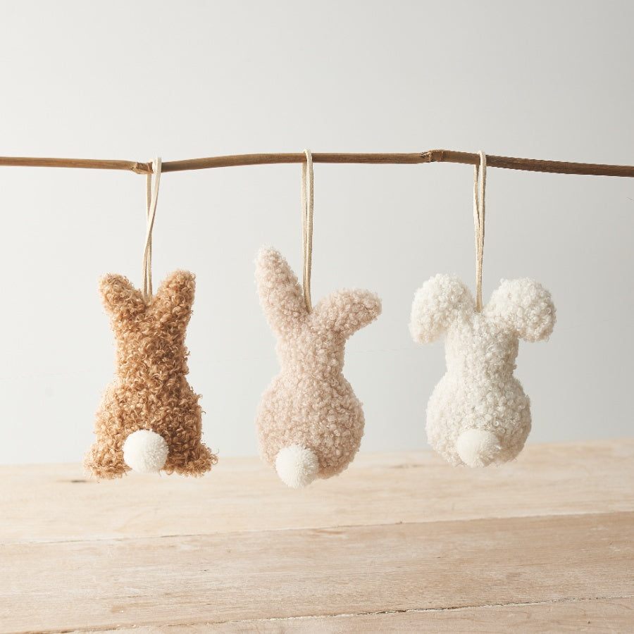 Set of 3 Hanging Sherpa Bunnies – 12cm Rustic Beige, Brown & White Easter Decor