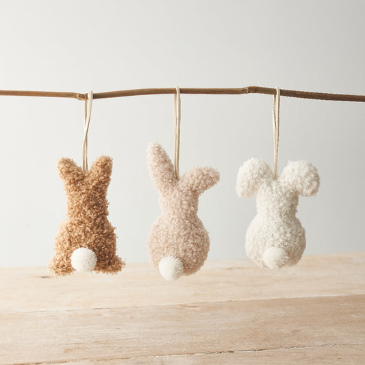 Set of 3 Hanging Sherpa Bunnies – 12cm Rustic Beige, Brown & White Easter Decor