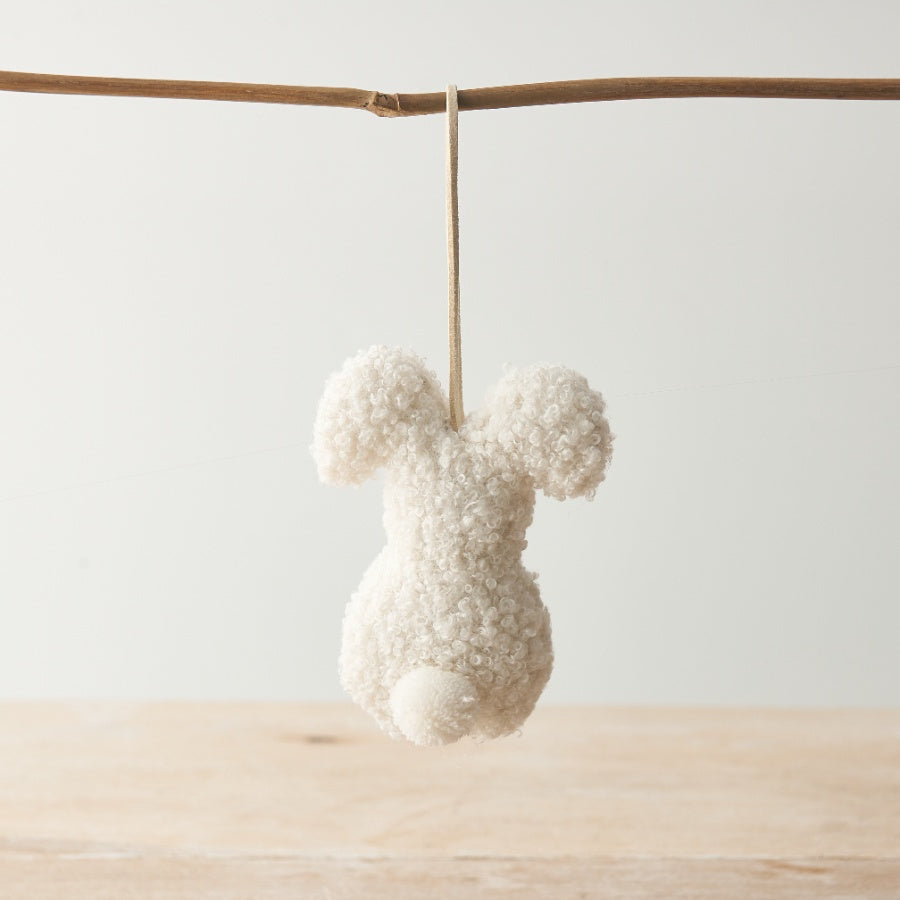 Set of 3 Hanging Sherpa Bunnies – 12cm Rustic Beige, Brown & White Easter Decor