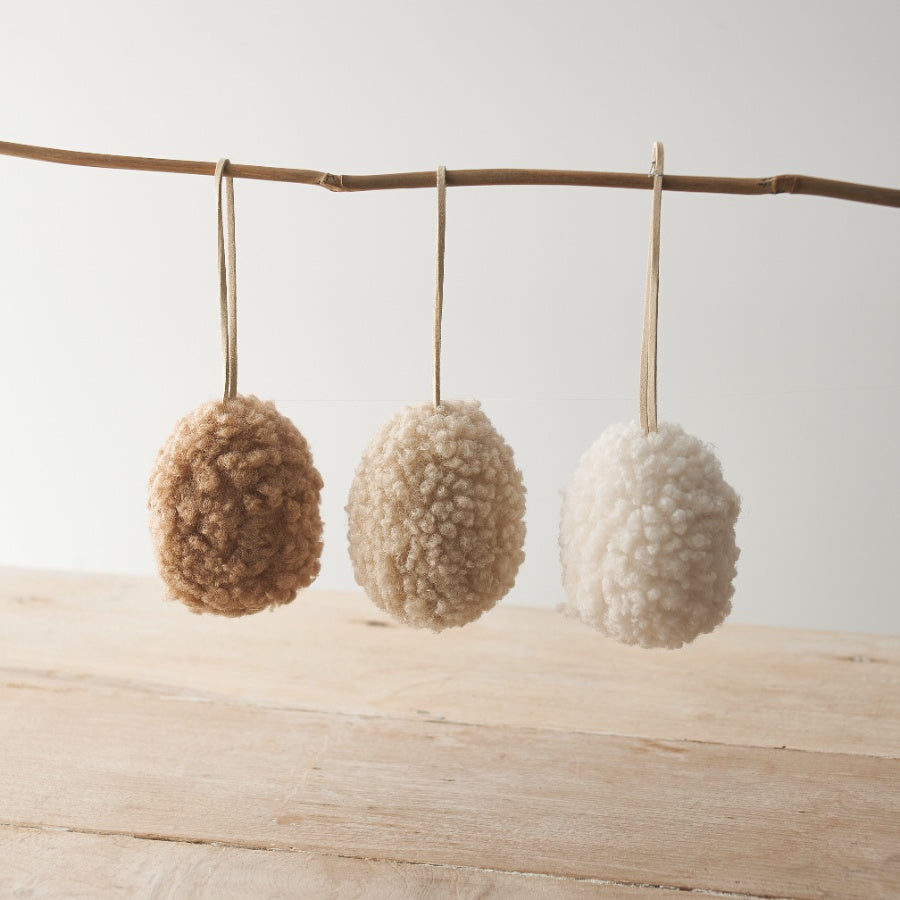 3 Assorted Sherpa Hanging Eggs – Boho Easter Decorations in Neutral Tones