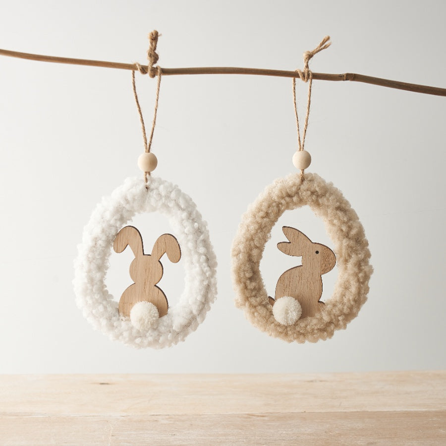 2 Assorted Hanging Sherpa Bunny Ornaments – 14cm Soft Fabric with Wooden Charm