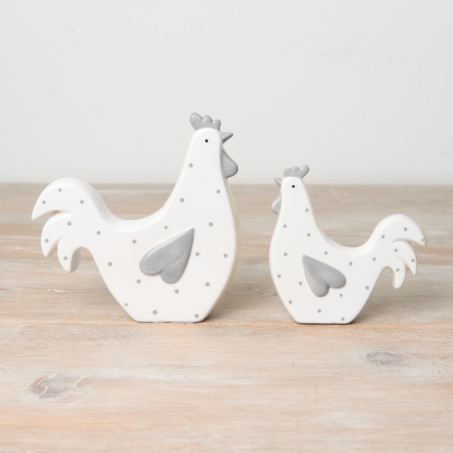 Grey Polka Dot Hen Ornament – 15.5cm Rustic Farmhouse Decor with Heart Wing