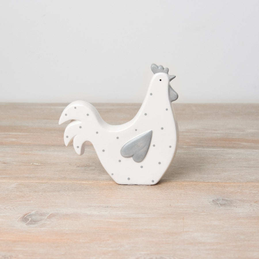 Grey Polka Dot Hen Ornament – 15.5cm Rustic Farmhouse Decor with Heart Wing