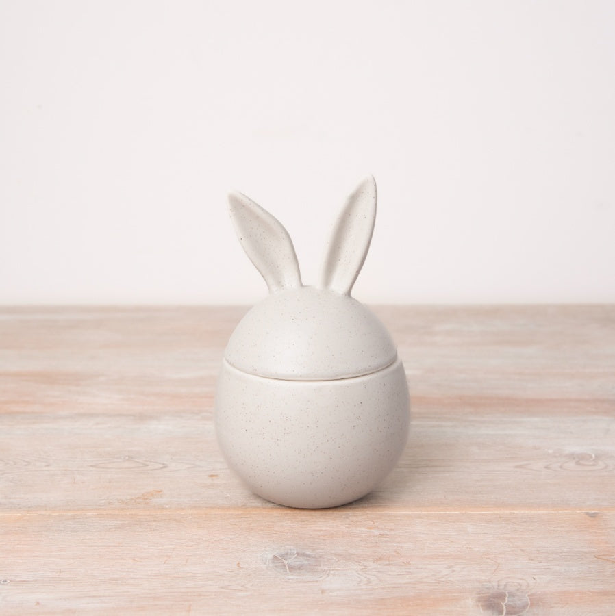 Speckled Bunny Pot – 13cm Egg-Shaped Ceramic Storage Jar with Ears, Off-White Decor