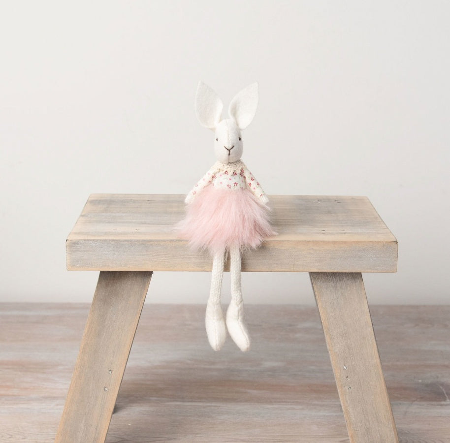 Sitting Rabbit Ornament 16cm Pink Tutu Floral Lace Dangly Legs Figurine