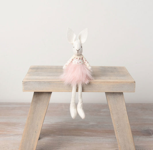 Sitting Rabbit Ornament 16cm Pink Tutu Floral Lace Dangly Legs Figurine
