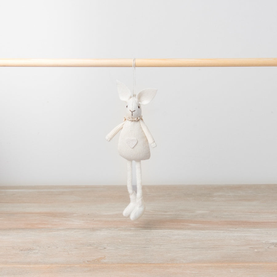 White Hanging Bunny 17cm Fabric Decoration Ribbed Outfit Heart Detail