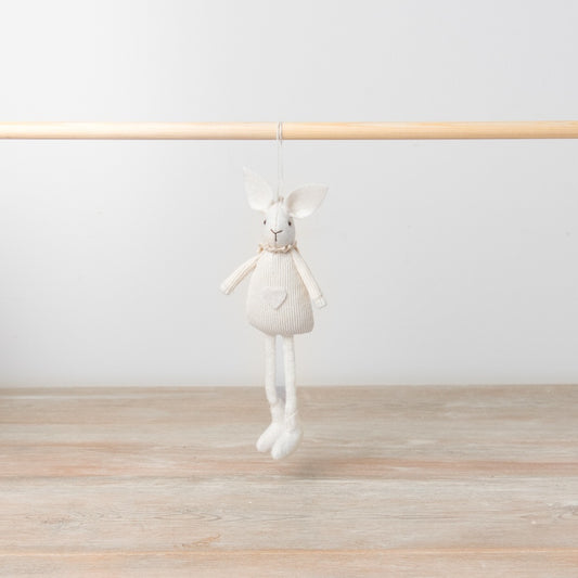 White Hanging Bunny 17cm Fabric Decoration Ribbed Outfit Heart Detail