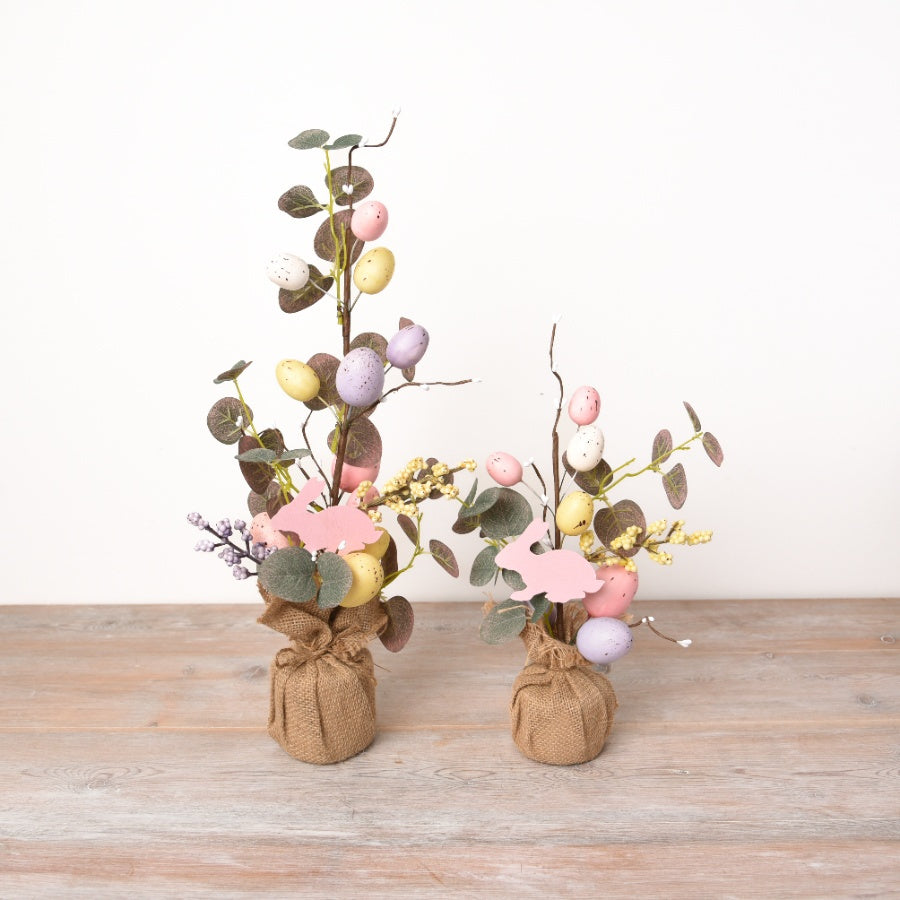 Artificial Easter Egg Tree 34cm Pastel Speckled Eggs Wooden Bunny Hessian Base
