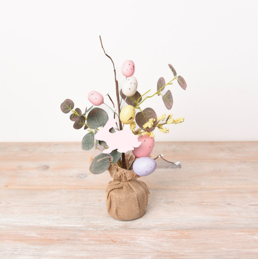 Artificial Easter Egg Tree 34cm Pastel Speckled Eggs Wooden Bunny Hessian Base