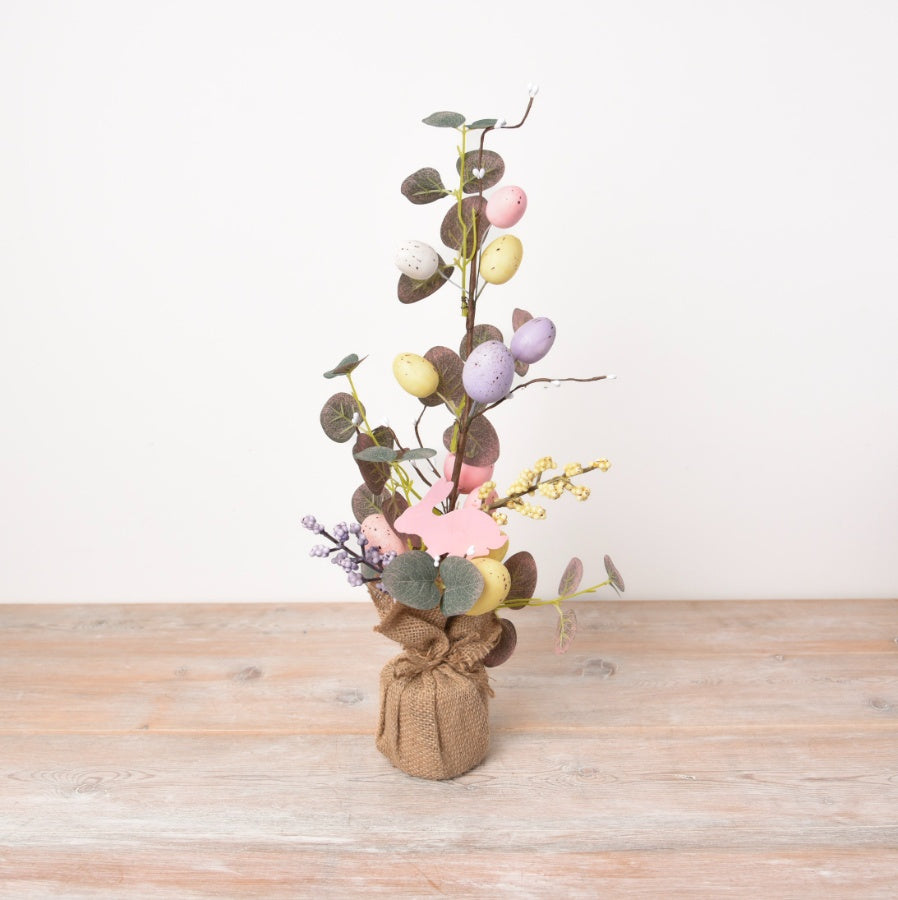 Artificial Easter Egg Tree 50cm Pastel Speckled Eggs Berries Bunny Hessian Base