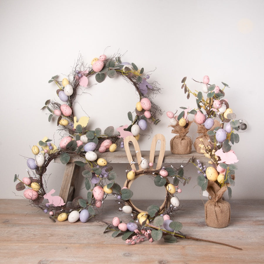 Easter Rabbit Wreath 29cm Wooden Bunny Speckled Eggs Berries Whimsical Decor