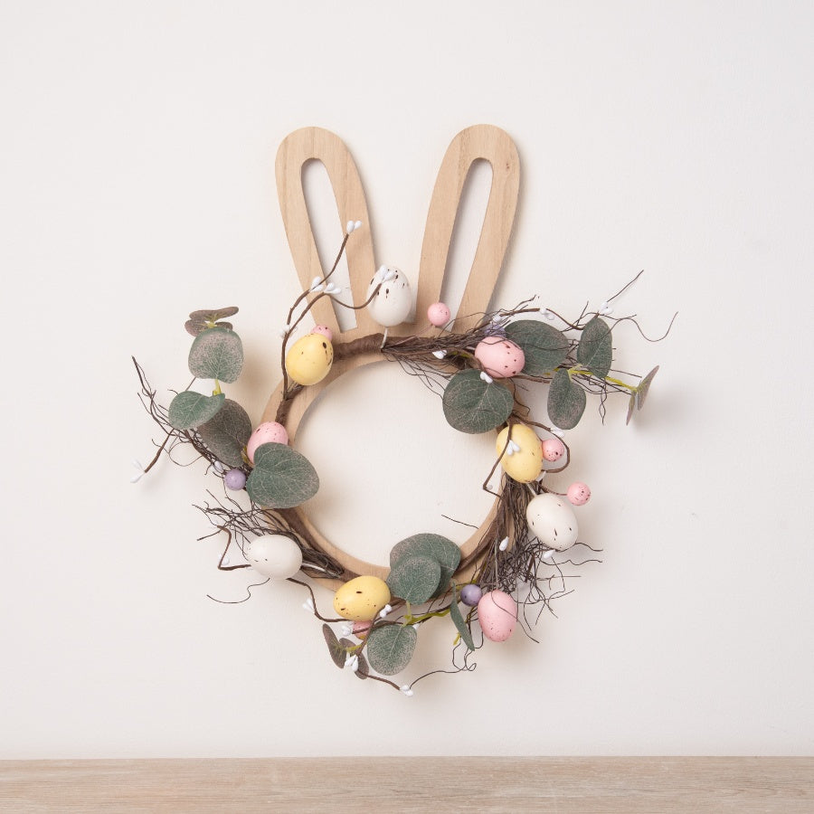 Easter Rabbit Wreath 29cm Wooden Bunny Speckled Eggs Berries Whimsical Decor