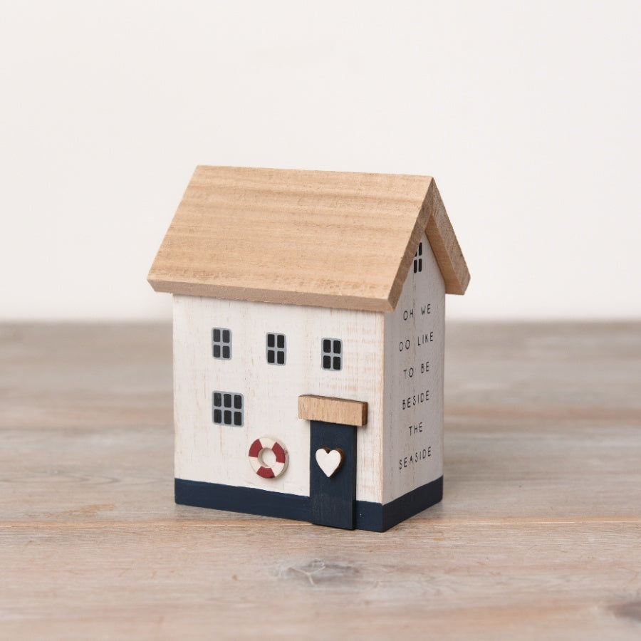 Wooden Beach House 12cm Coastal Charm Blue Door Lifebuoy Seaside Decor