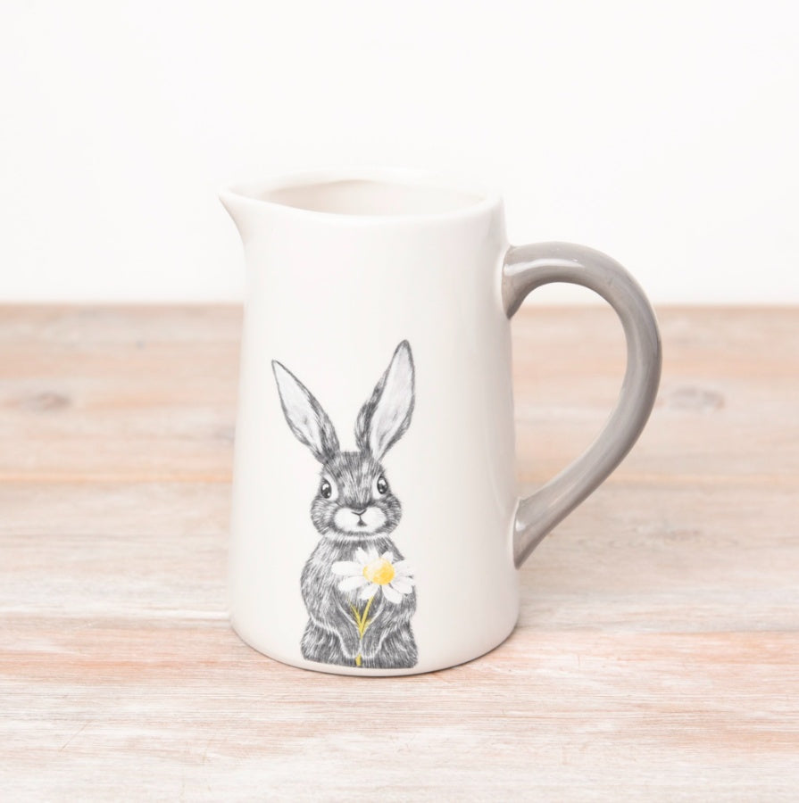 White Hare Jug 11cm Grey Handle Floral Bunny Design Decorative Kitchen Vase
