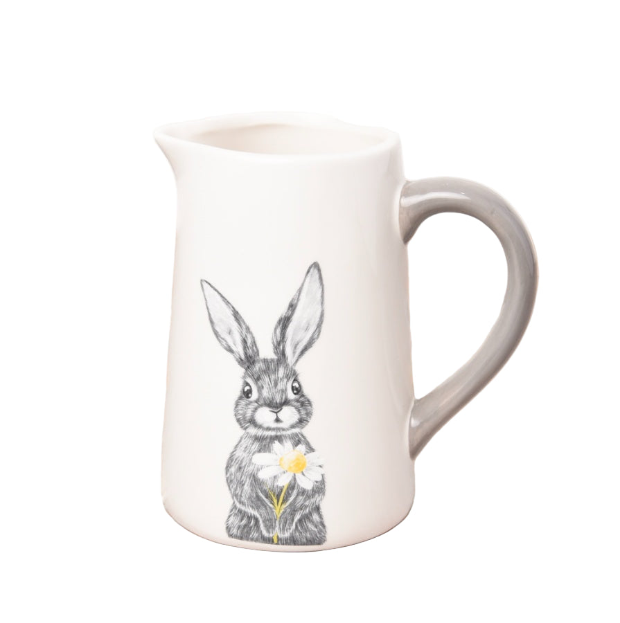 White Hare Jug 15cm – Spring Kitchen Decor, Rabbit and Daisy Sketch, Grey Handle