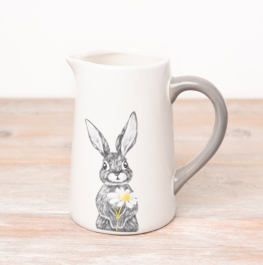 White Hare Jug 15cm – Spring Kitchen Decor, Rabbit and Daisy Sketch, Grey Handle