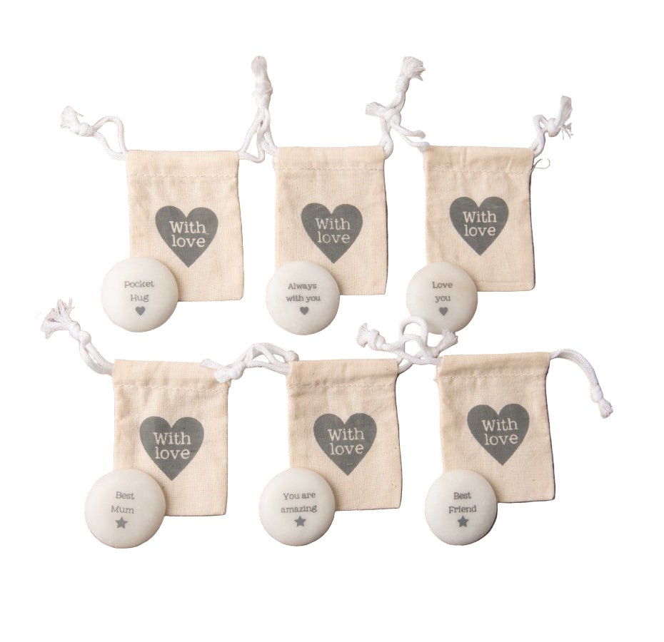 Marble Keepsake Tokens 3cm – Assorted Sentiment Slogans with Cotton Gift Bag