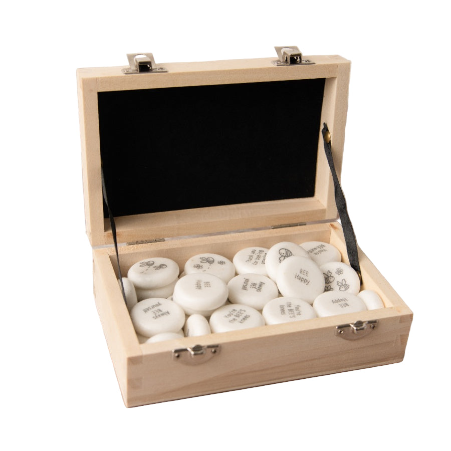 Bumble Bee Marble Tokens – 48pcs Inspirational Quotes in Wooden Gift Box