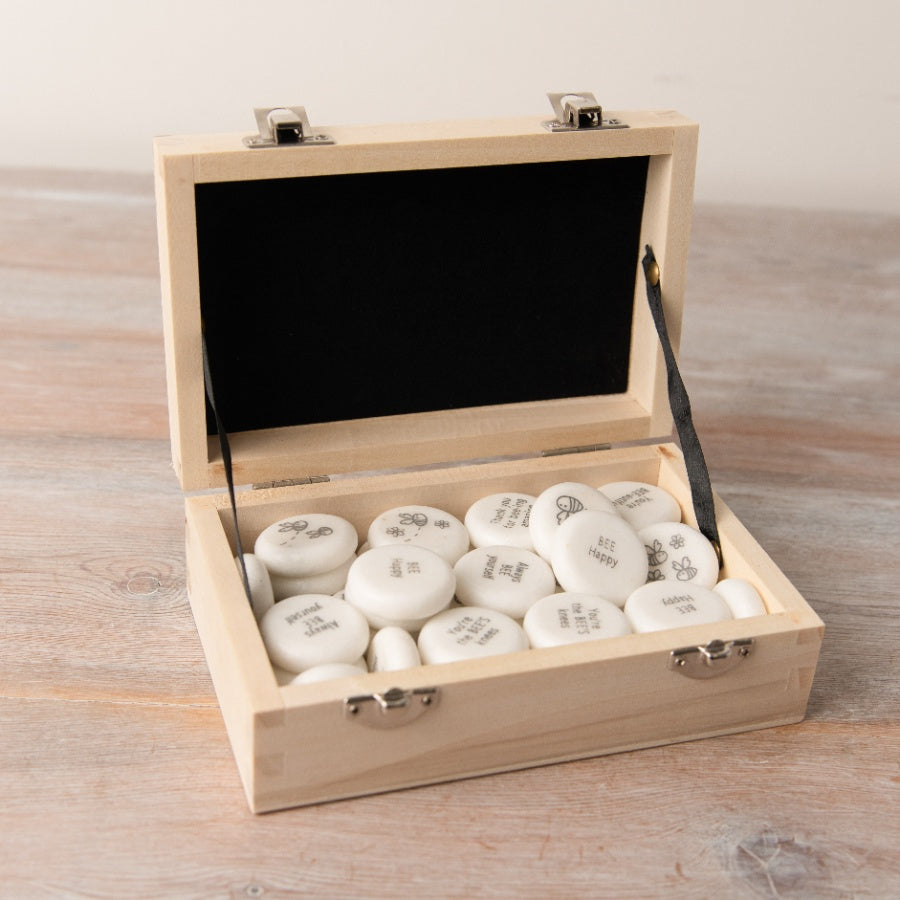 Bumble Bee Marble Tokens – 48pcs Inspirational Quotes in Wooden Gift Box