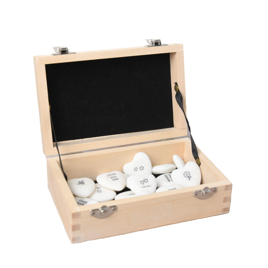 Mini Stone Hearts – 40pcs Assorted 3cm Quote Pebbles in Wooden Gift Box
