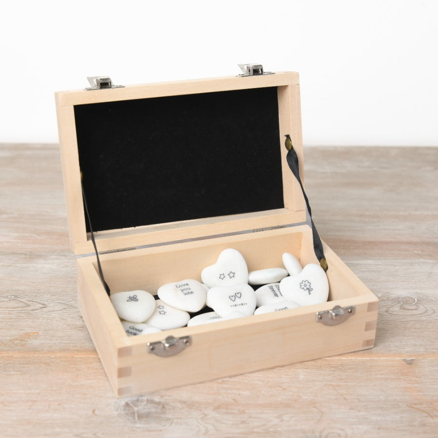 Mini Stone Hearts – 40pcs Assorted 3cm Quote Pebbles in Wooden Gift Box