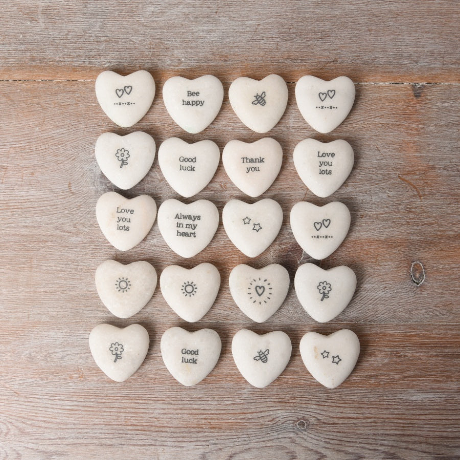 Mini Stone Hearts – 40pcs Assorted 3cm Quote Pebbles in Wooden Gift Box
