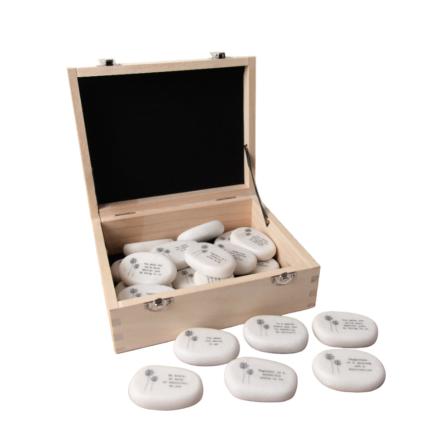 Box of Sentimental Marble Pebbles – 24pcs Wooden Gift Box Pick-Me-Up Tokens