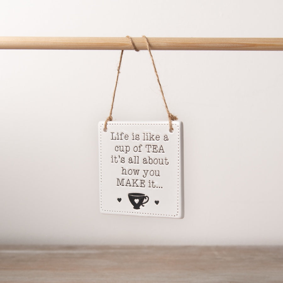 Ceramic Cup of Tea Sign 9cm Engraved Hanging Plaque with Jute String
