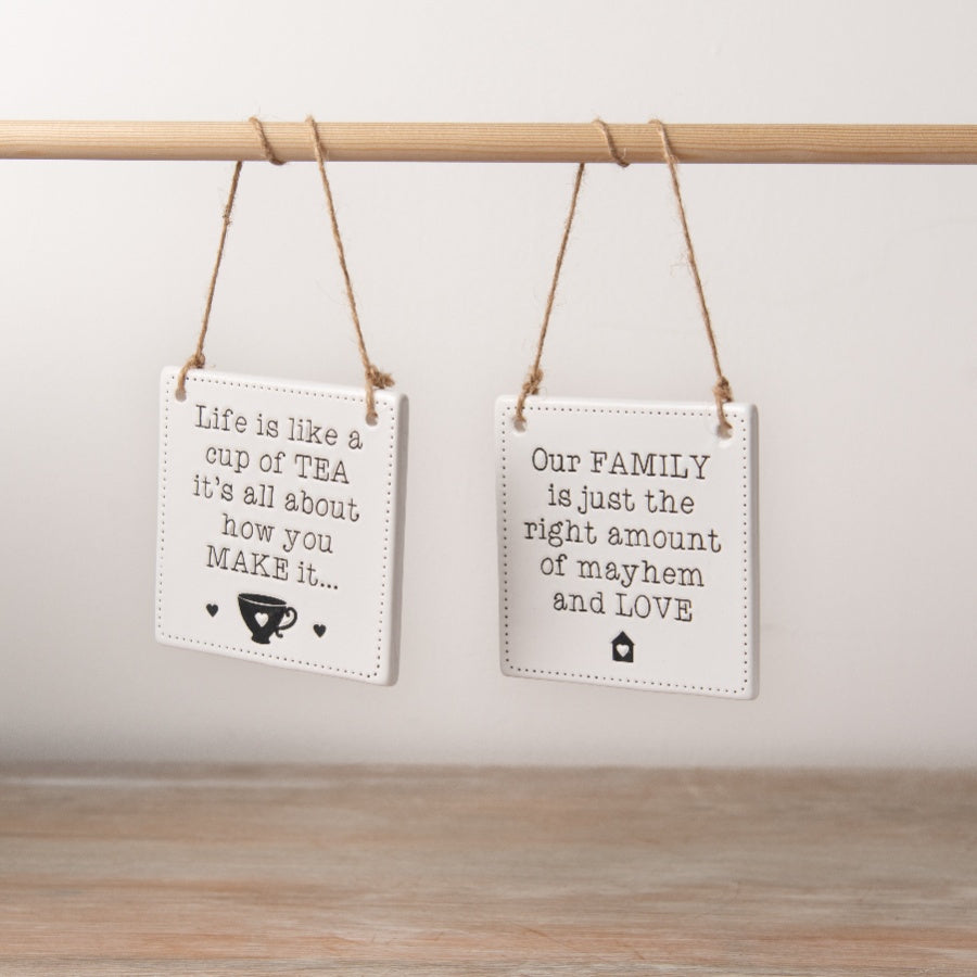 Ceramic Cup of Tea Sign 9cm Engraved Hanging Plaque with Jute String