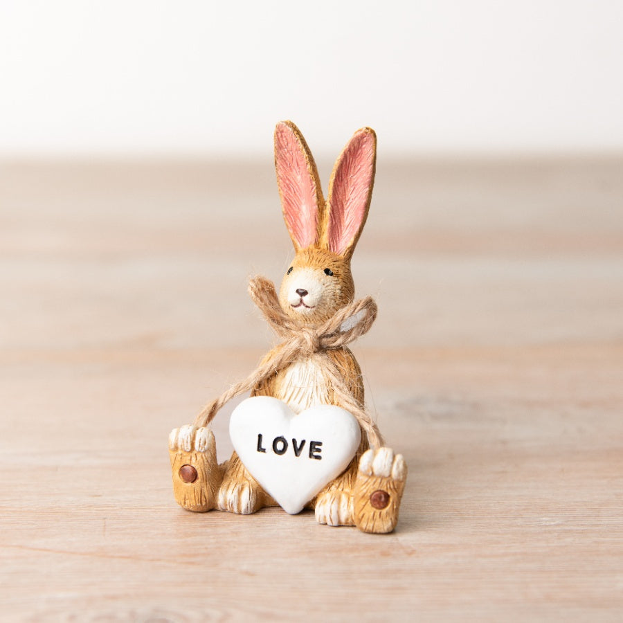 Mini Jasper Rabbit Love Ornament 8.5cm Resin Rustic Jute Bow Heart Detail
