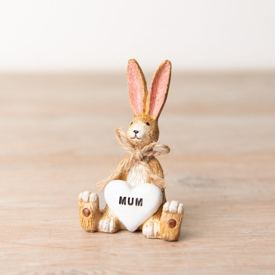 Mini Jasper Rabbit Mum Ornament 8.5cm Resin Rustic Jute Bow Heart Detail