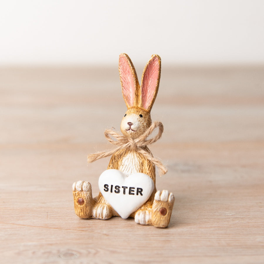 Mini Jasper Rabbit Sister Ornament 8.5cm Rustic Jute Bow Heart Detail