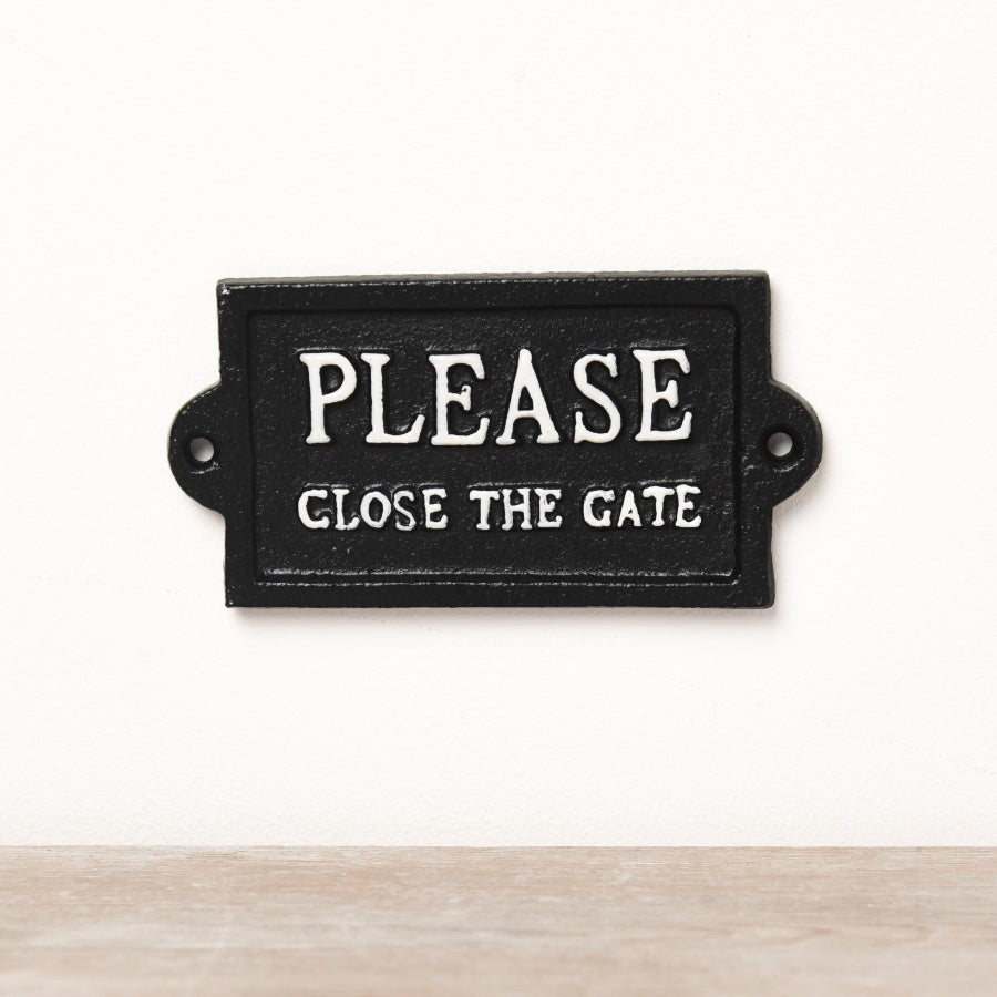 Cast Iron Please Close The Gate Sign 12.7cm Black White Outdoor Plaque
