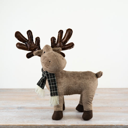 Standing Reindeer Decoration with Green Scarf – 30cm Soft Brown Fabric Christmas Ornament