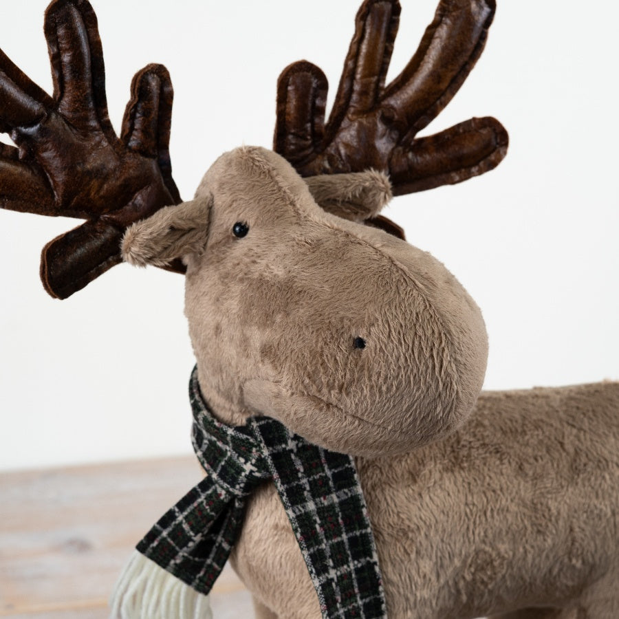 Standing Reindeer Decoration with Green Scarf – 30cm Soft Brown Fabric Christmas Ornament