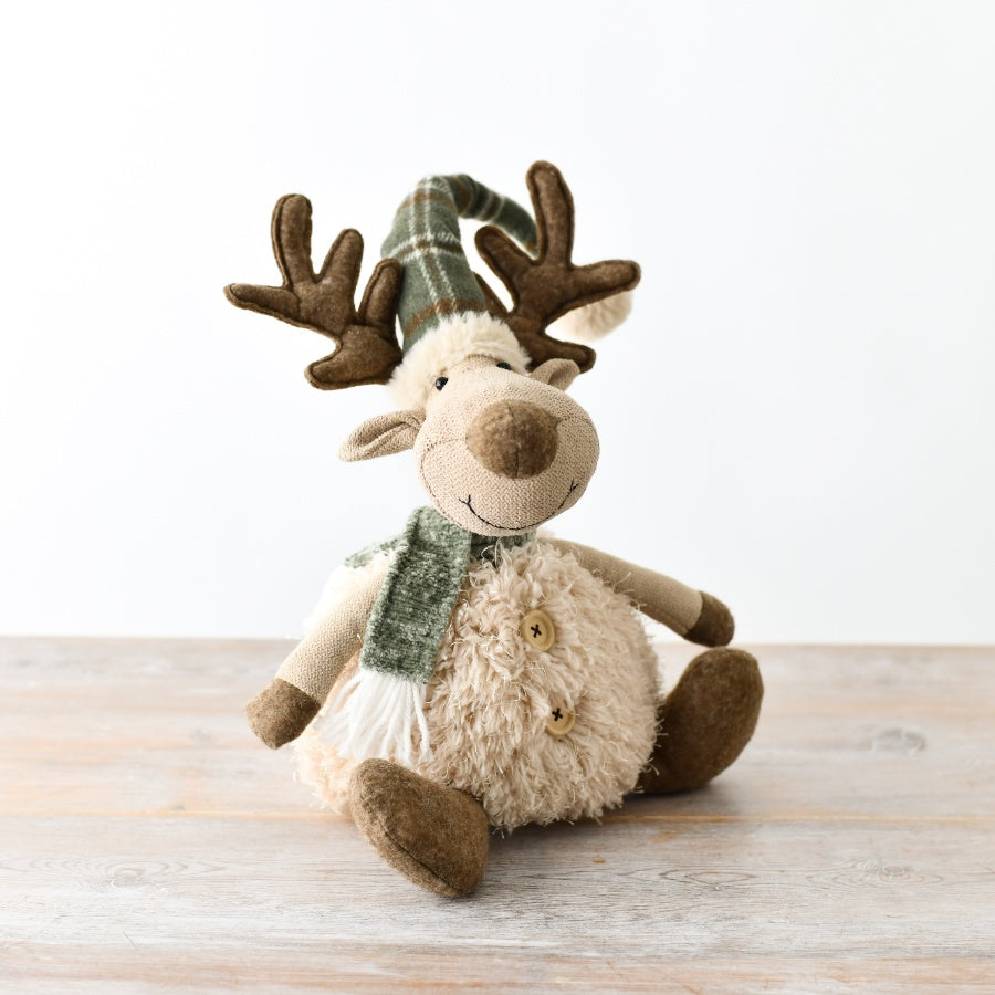 Fabric Sitting Moose 32cm – Green Tartan, Fluffy Body, Brown Antlers, Christmas Decor