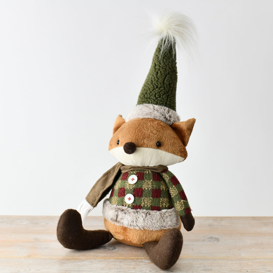 Sitting Fox 45cm – Sherpa Hat, Check Jacket, Scarf, Winter Christmas Decoration