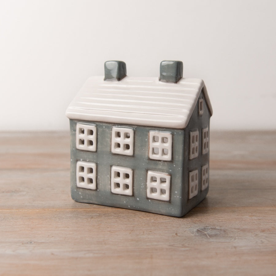 Grey T Light House with Snowy Speckles and 3D Windows Winter Decor