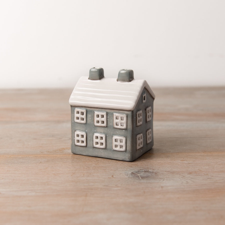 Ceramic Grey T Light House 9cm Sleek Tealight Holder with Snowy Speckles