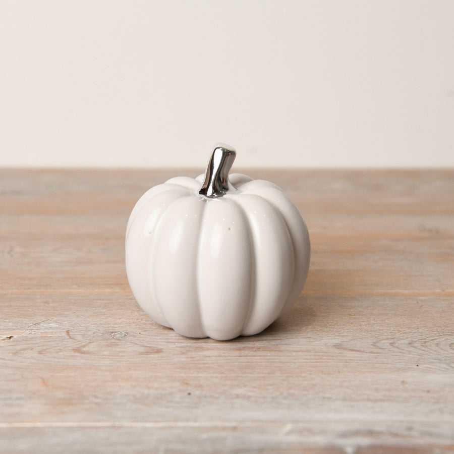 White Pumpkin with Silver Stalk Small Ceramic Autumn Ornament