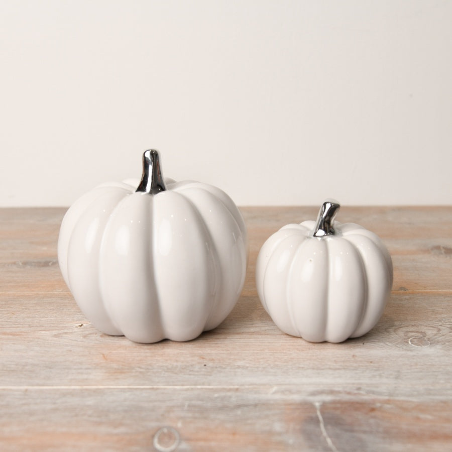 White Pumpkin with Silver Stalk Small Ceramic Autumn Ornament