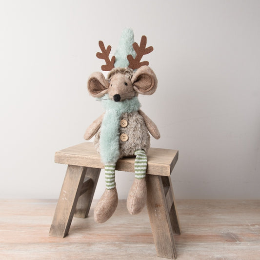 Sitting Mouse Figurine with Antlers and Scarf  Festive Christmas Ornament