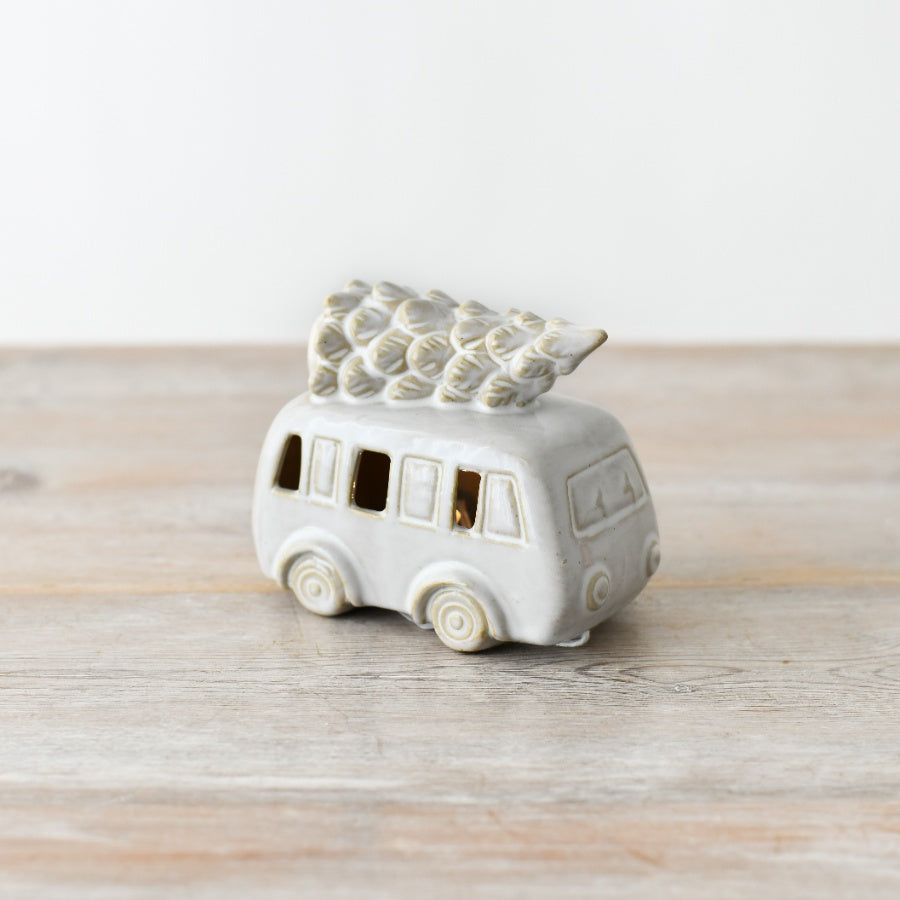 Ceramic LED Christmas Car 11cm with Tree and Reactive Glaze Finish