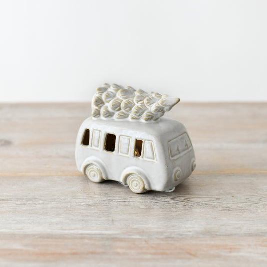 Ceramic LED Christmas Car 11cm with Tree and Reactive Glaze Finish