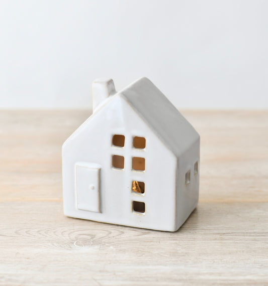 Reactive Glaze LED House 12cm Rustic Ceramic Light with Cut-Out Windows