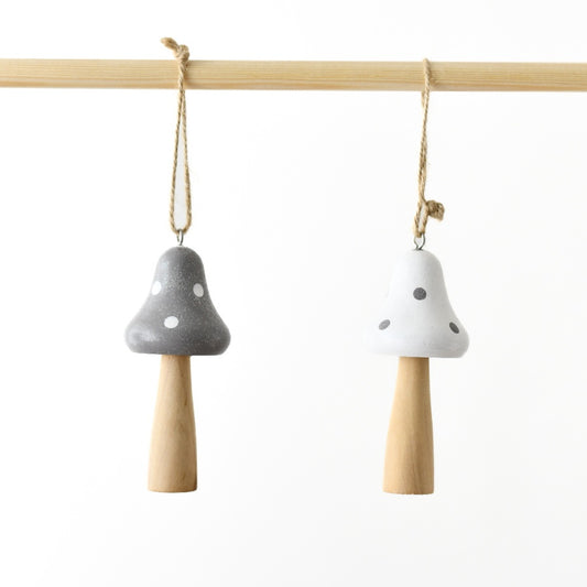 Set of 2 Wooden Hanging Mushroom Decorations 7cm – Grey White Glitter Christmas Ornaments, Rustic Woodland Decor