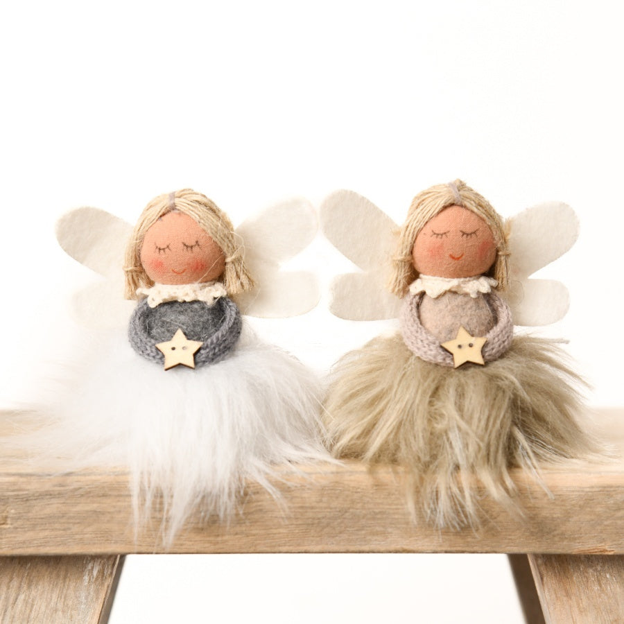 Fabric Sitting Angels 8cm Grey Beige Set of 2 Assorted Christmas Decor