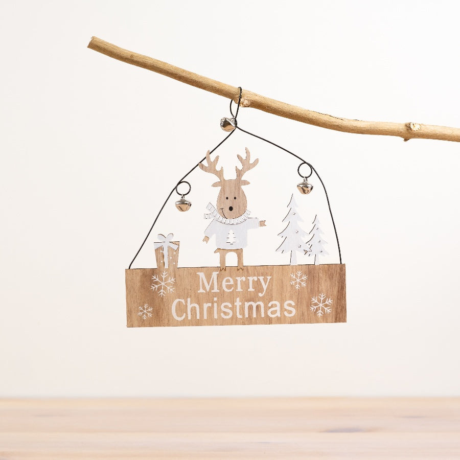 Reindeer Merry Christmas Sign 18cm Wooden Hanging Holiday Decor with Bells