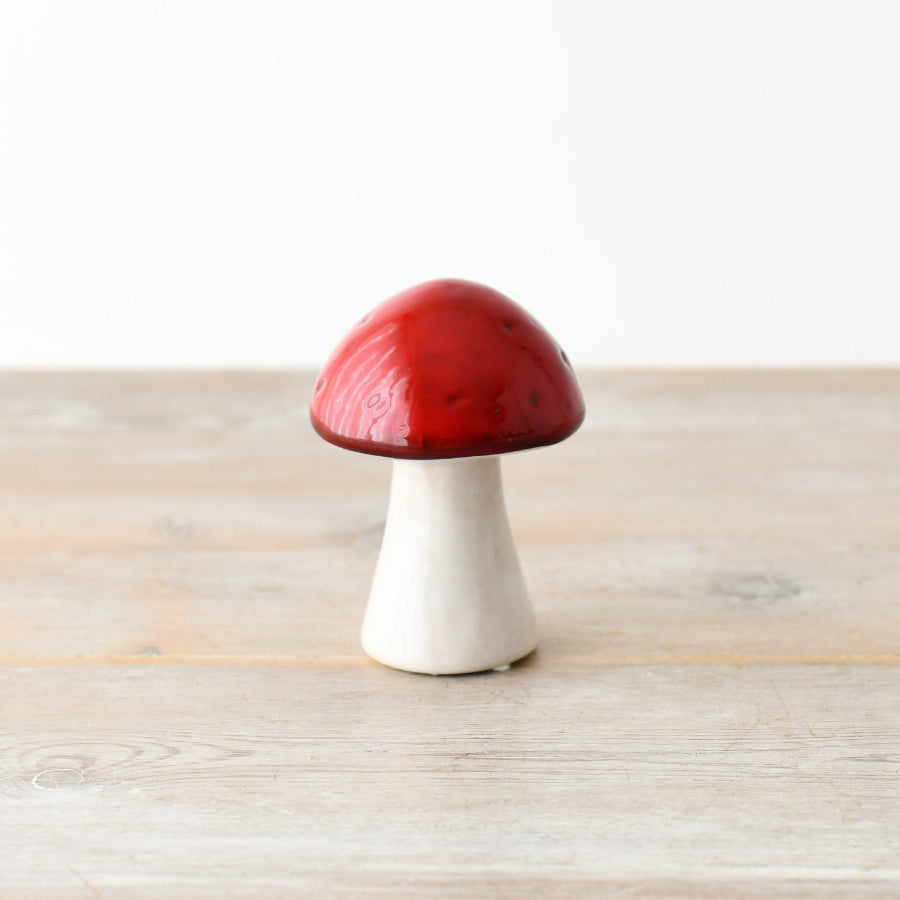 Red Mushroom Ceramic Ornament 9cm Woodland Home Decor Natural Stem Accent